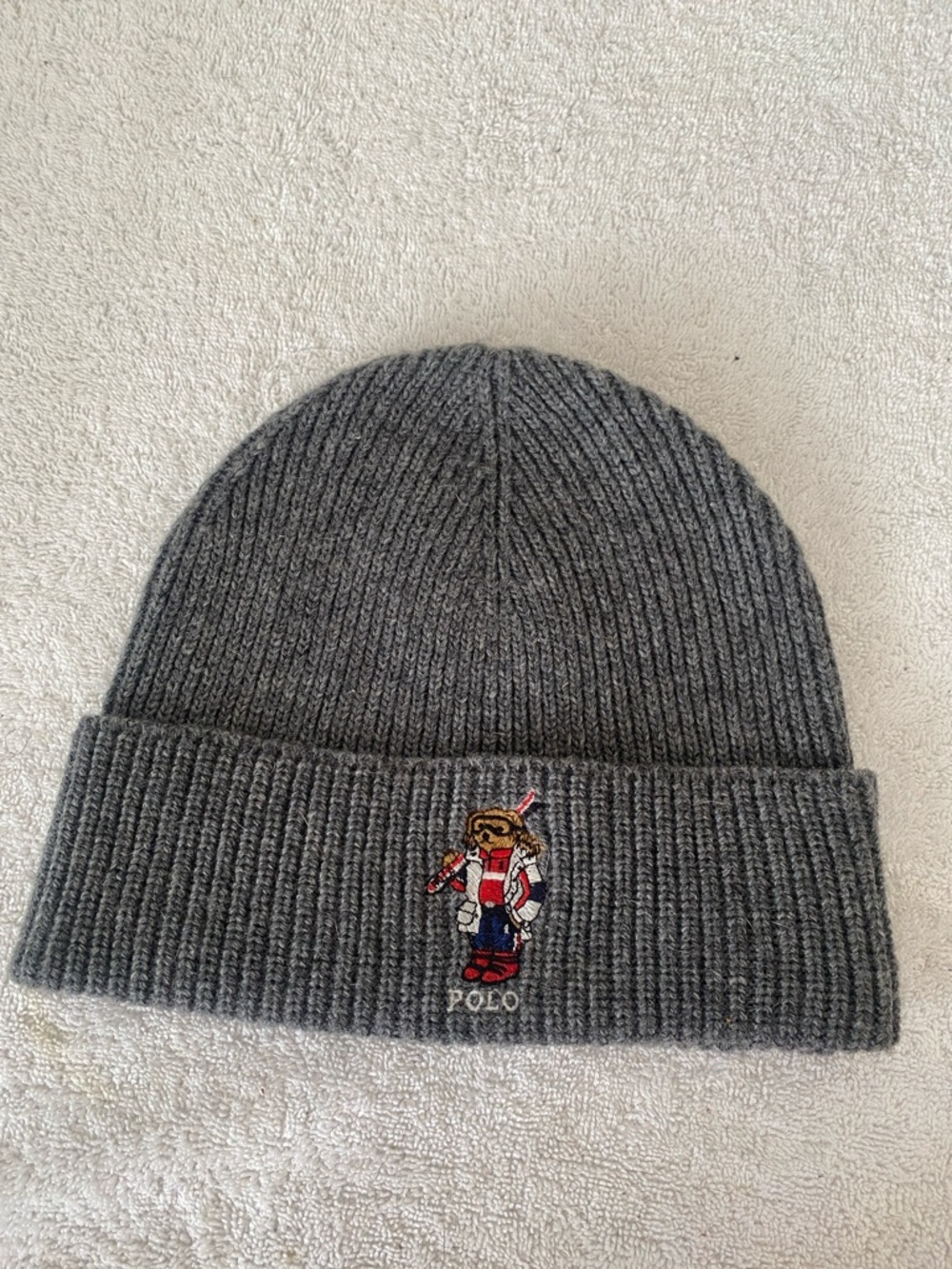 Polo Ralph Lauren Grey Knit Beanie with Ski Bear Embroidery